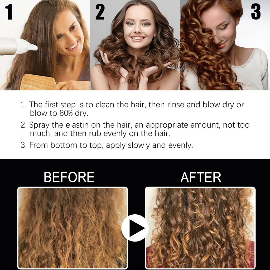 Step-by-step guide showing volumizing hair setting spray with niacinamide for applying elastic product to achieve curls