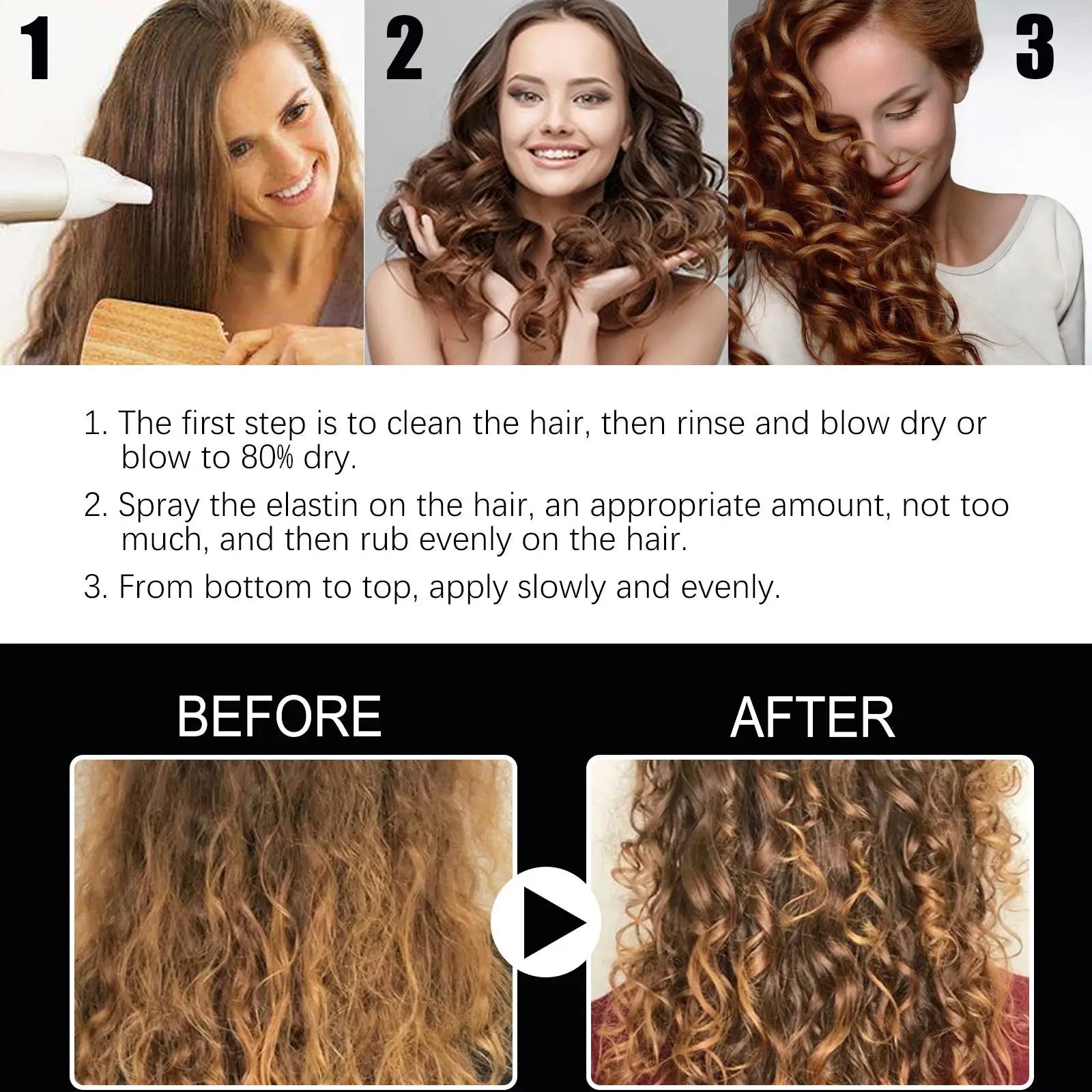 Step-by-step guide showing volumizing hair setting spray with niacinamide for applying elastic product to achieve curls