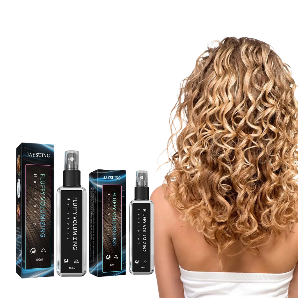 Jaysuing volumizing hair setting spray with niacinamide in clear glass bottles with black caps and packaging for 100ml and 30ml sizes
