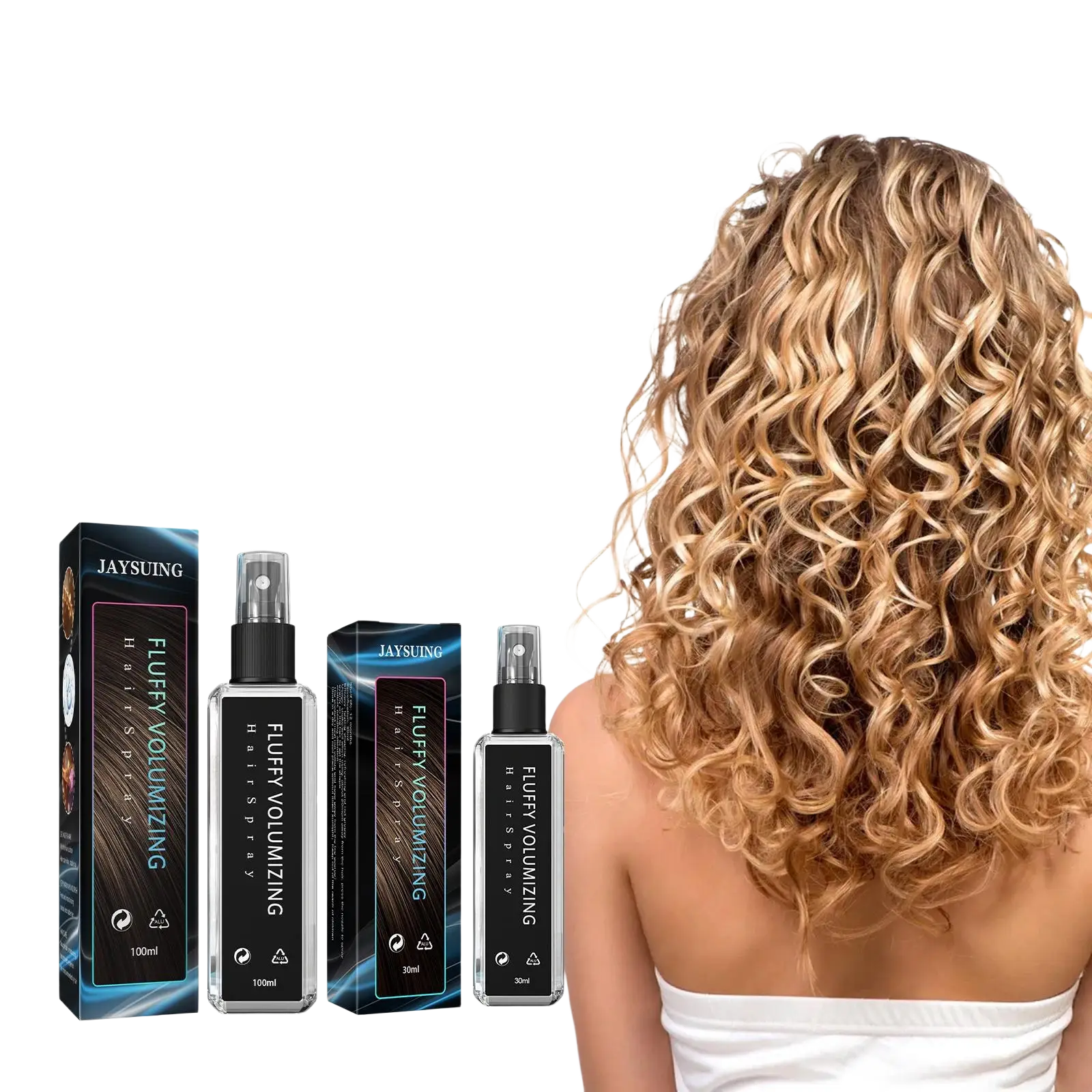 Jaysuing volumizing hair setting spray with niacinamide in clear glass bottles with black caps and packaging for 100ml and 30ml sizes