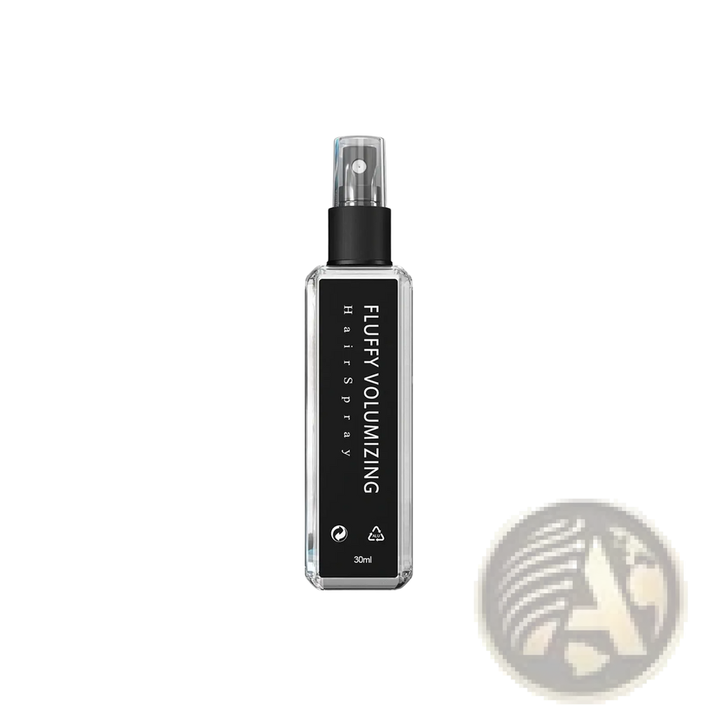 Clear glass bottle with black label and spray nozzle containing fluffy volumizing hairspray 30ml for styling