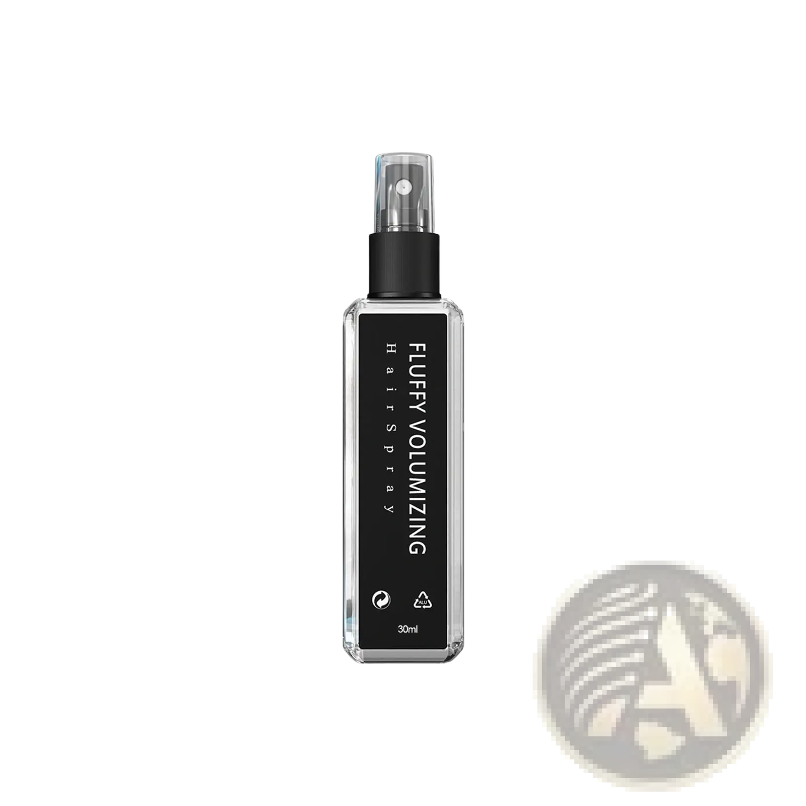 Clear glass bottle with black label and spray nozzle containing fluffy volumizing hairspray 30ml for styling
