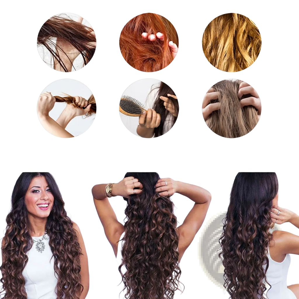 A woman with long voluminous dark brown curly hair using volumizing hair spray fluffy styling gel 100ml