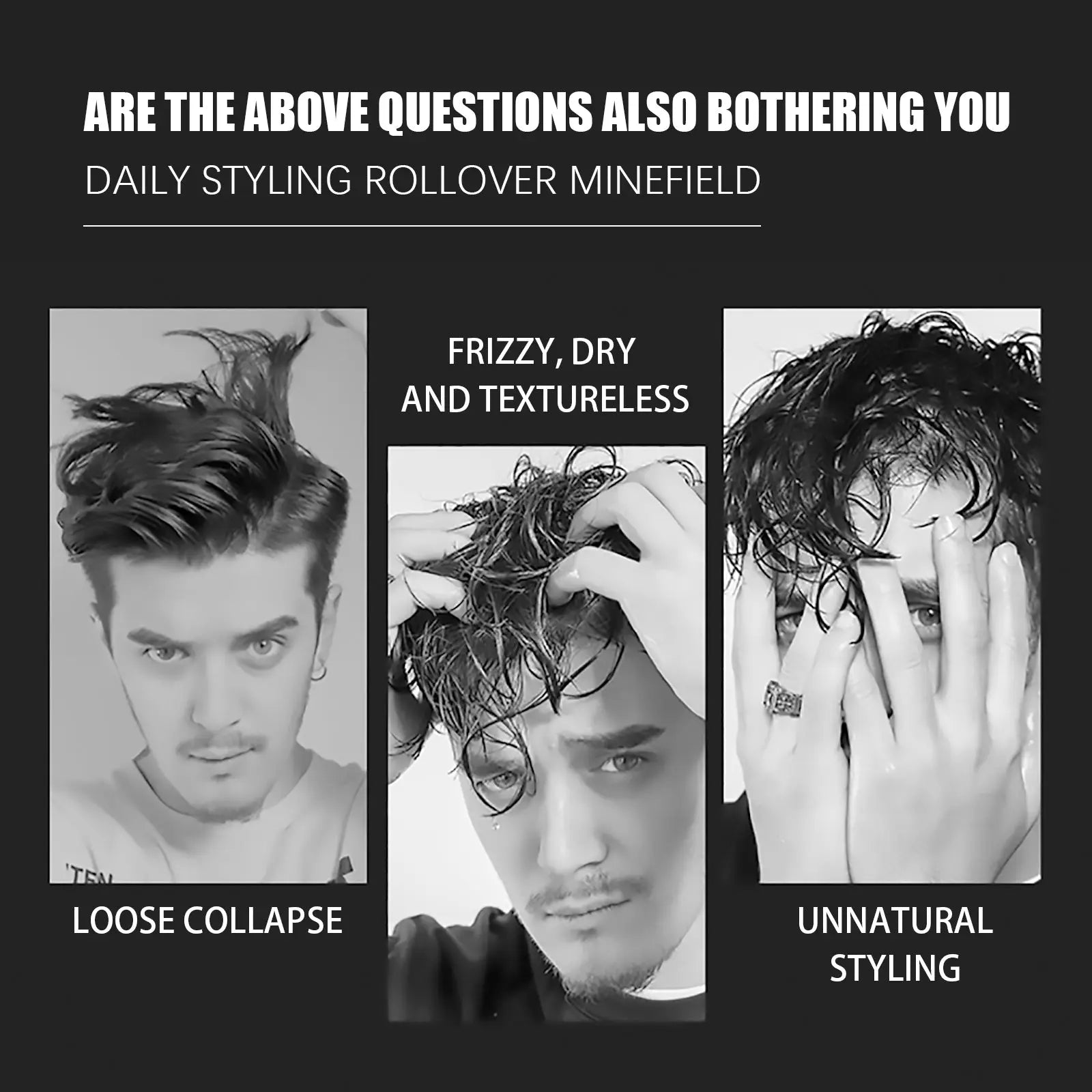 Black-and-white ad for volumizing hair spray fluffy styling gel 100ml showing loose collapse frizzy and unnatural hair issues