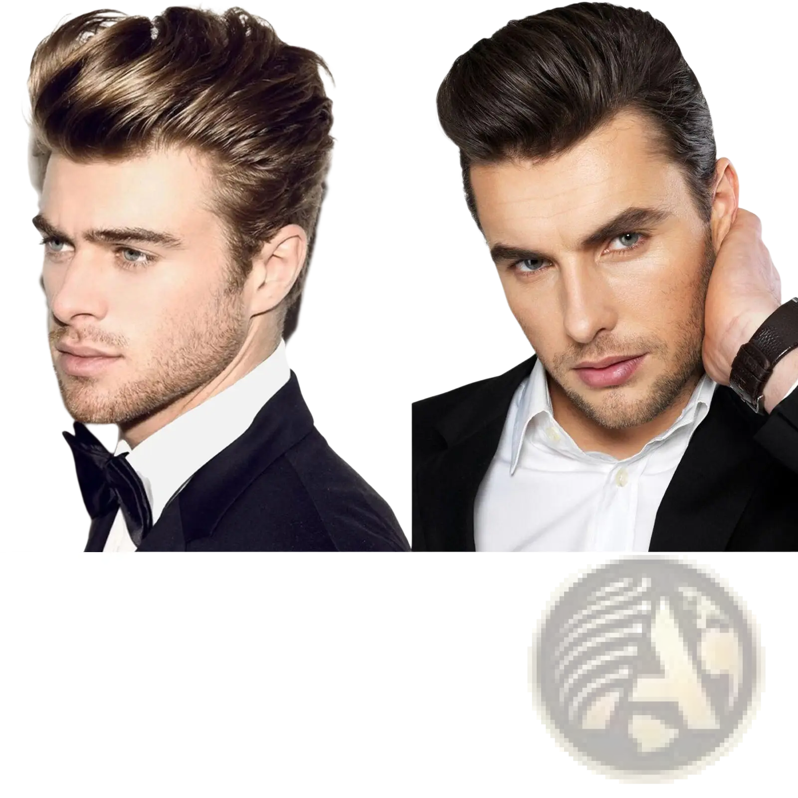 Two men with styled hair wearing a black tuxedo and black suit jacket showcasing volumizing hair spray fluffy styling gel 100ml