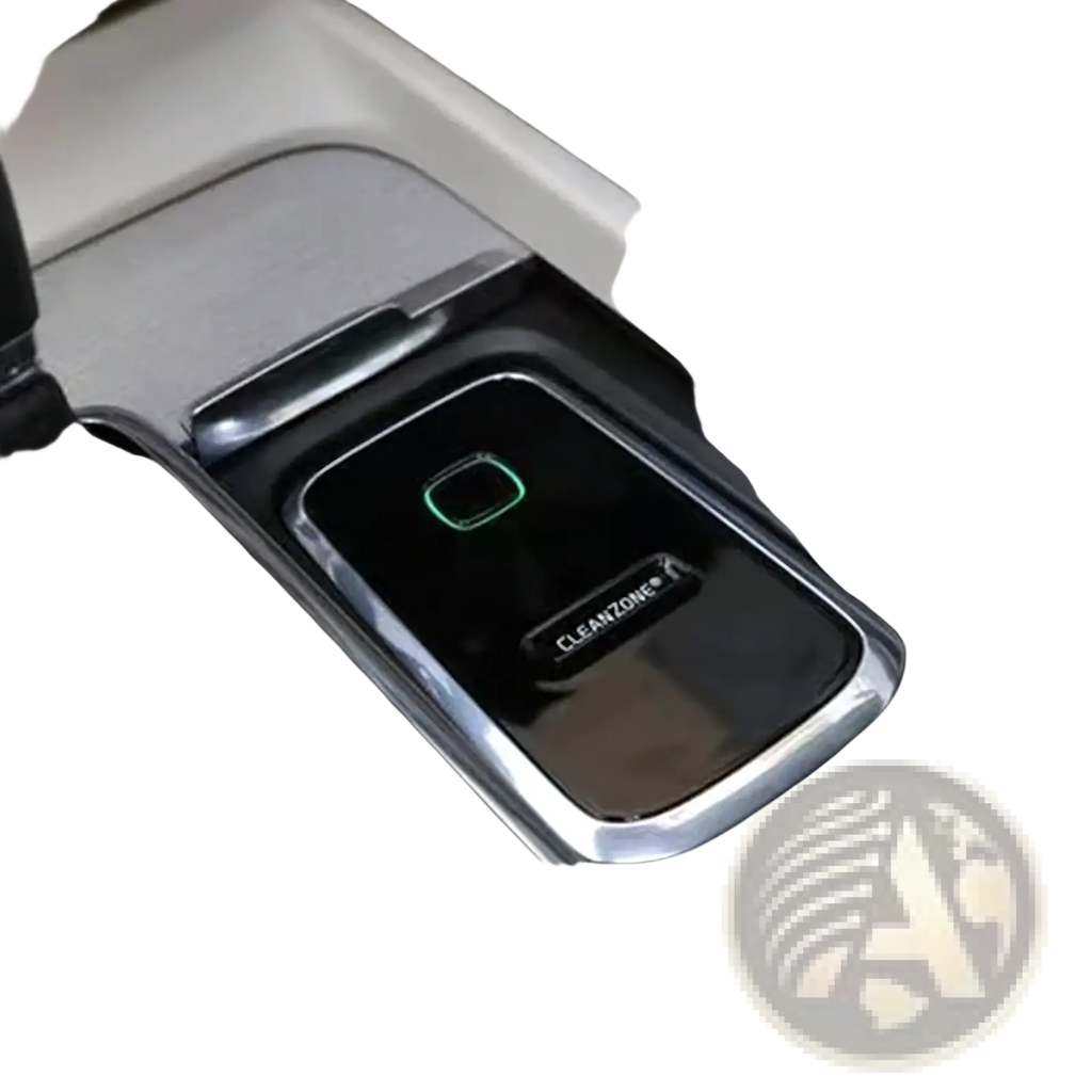 Black rectangular Volvo Cleanzone wireless car charger and air purifier with chrome trim and glowing green indicator