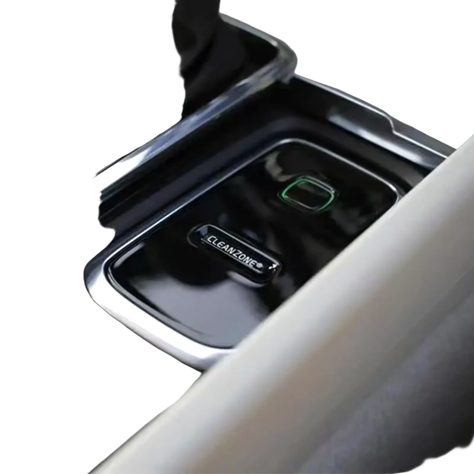 Black Cleanzone wireless car charger and air purifier with glossy finish and green illuminated button for Volvo cars