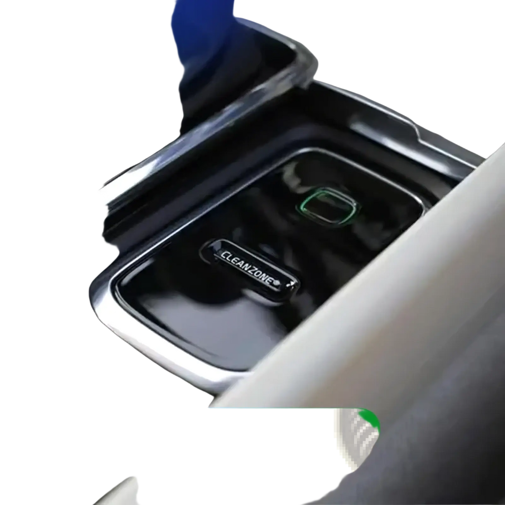 Black Volvo Cleanzone wireless car charger and air purifier with sleek glossy finish and silver metallic trim