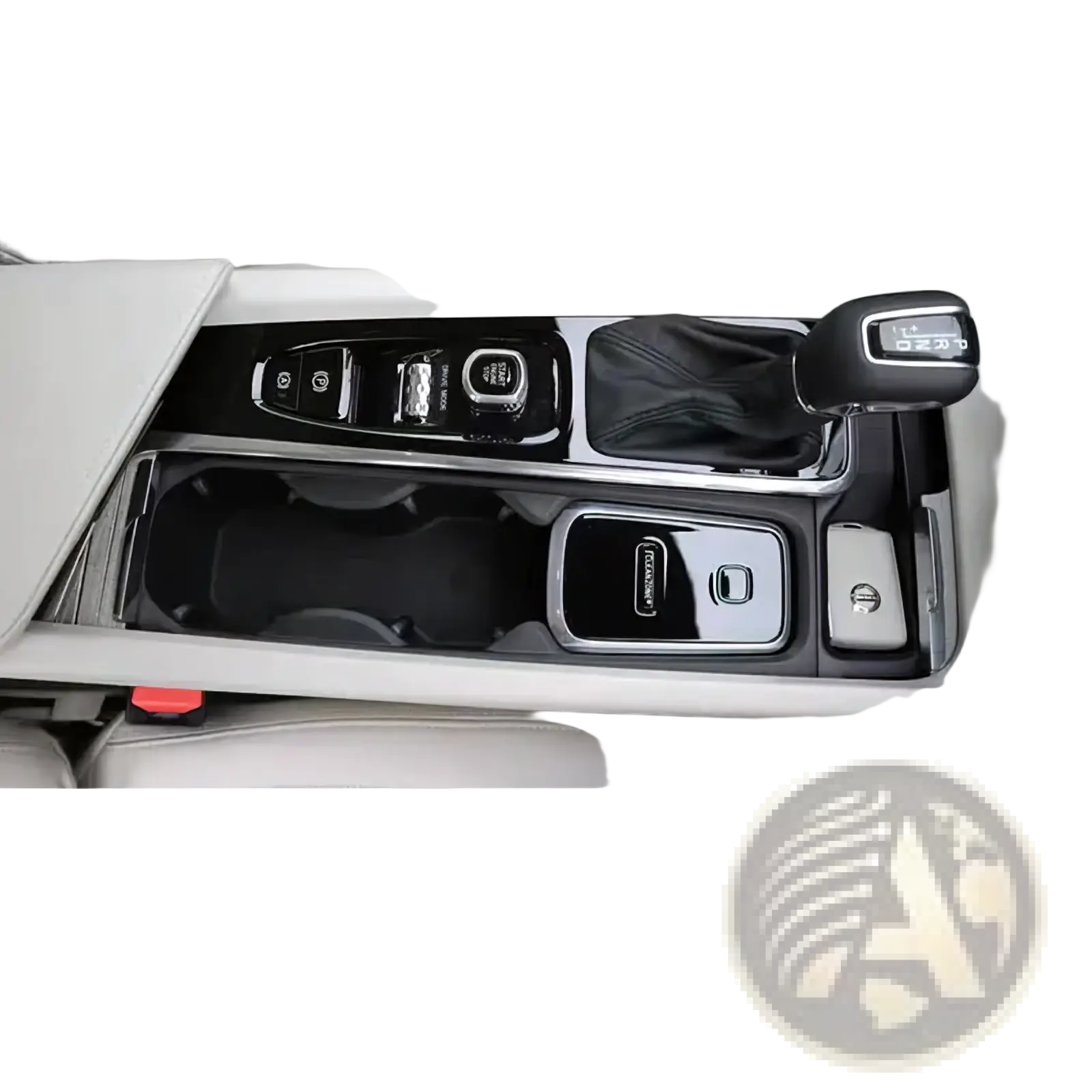 Black and silver glossy center console trim with integrated cup holders gear shift knob and button controls for volvo cleanzone wireless car charger and air purifier
