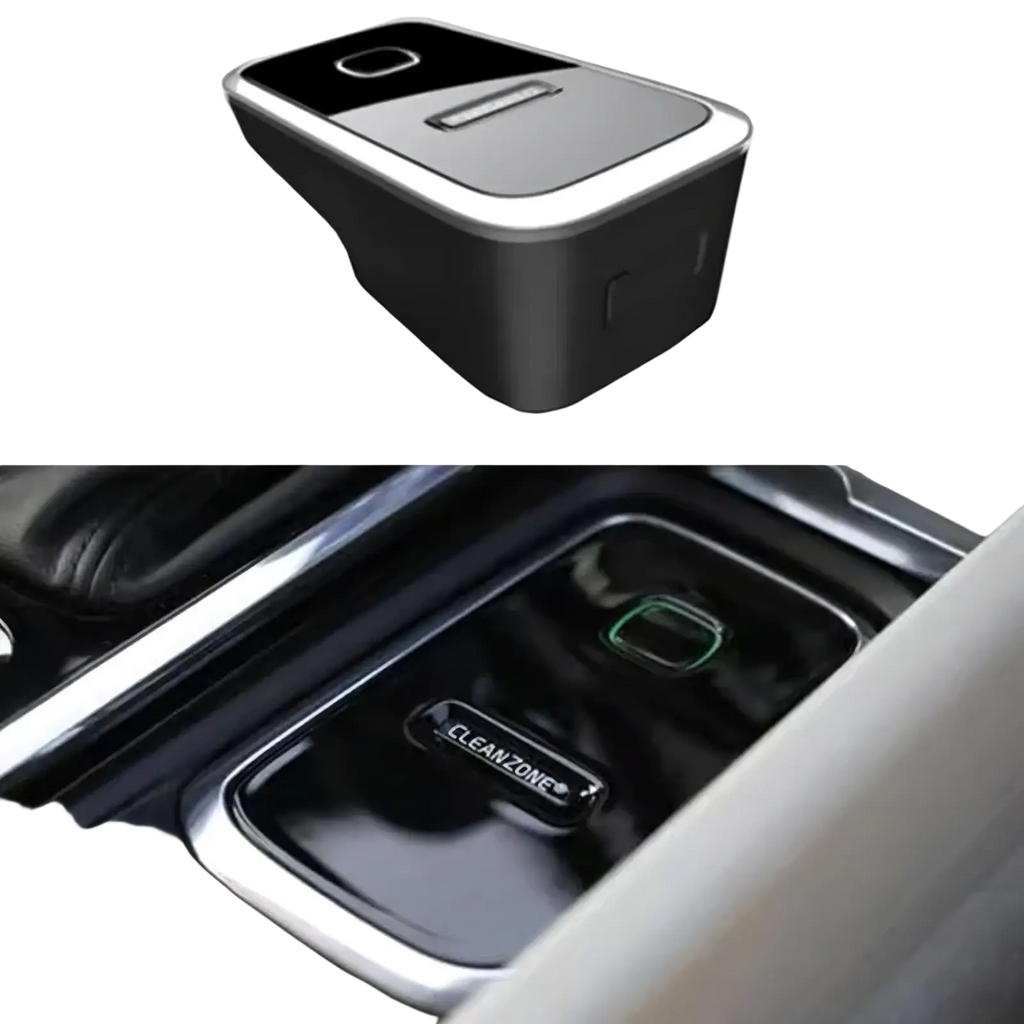 Volvo Cleanzone wireless car charger and air purifier with black and silver rectangular glossy center console air freshener