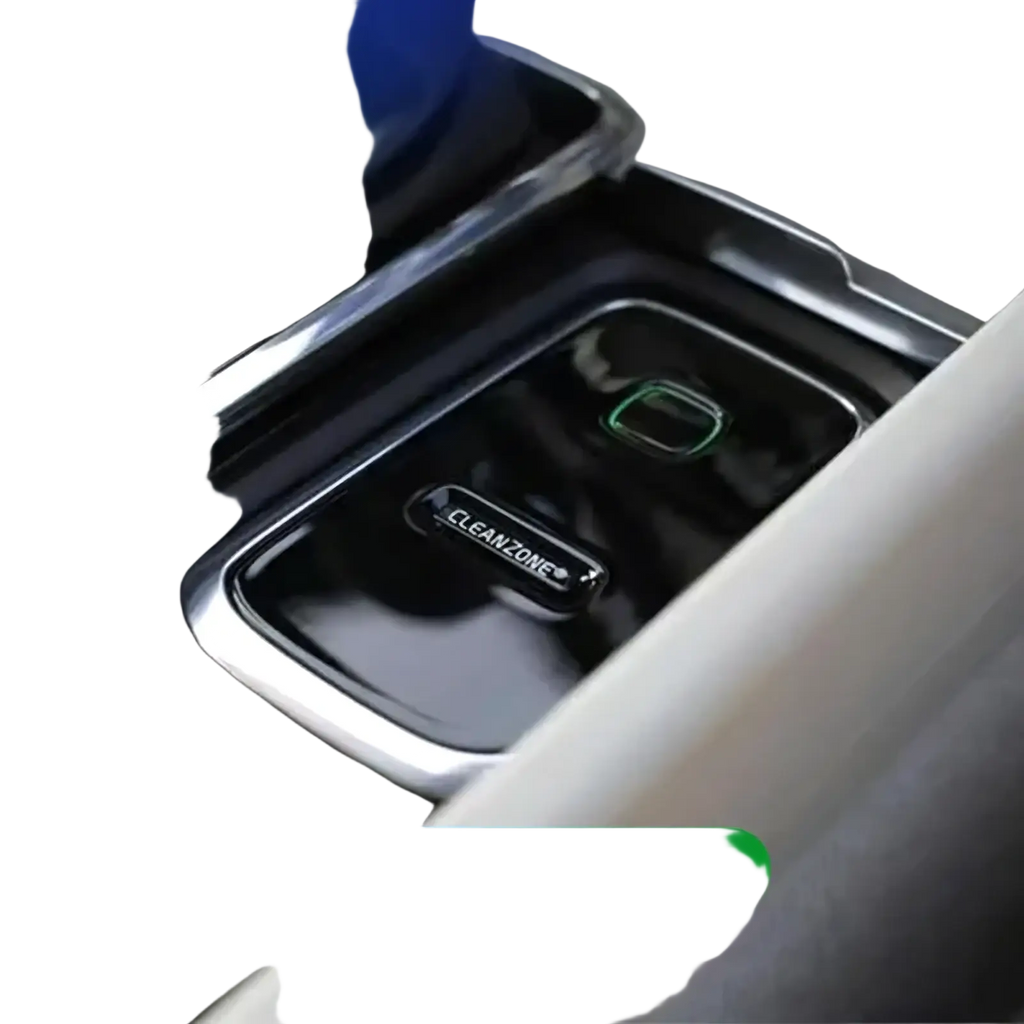 Black Volvo Cleanzone wireless car charger and air purifier with sleek glossy finish and silver metallic trim