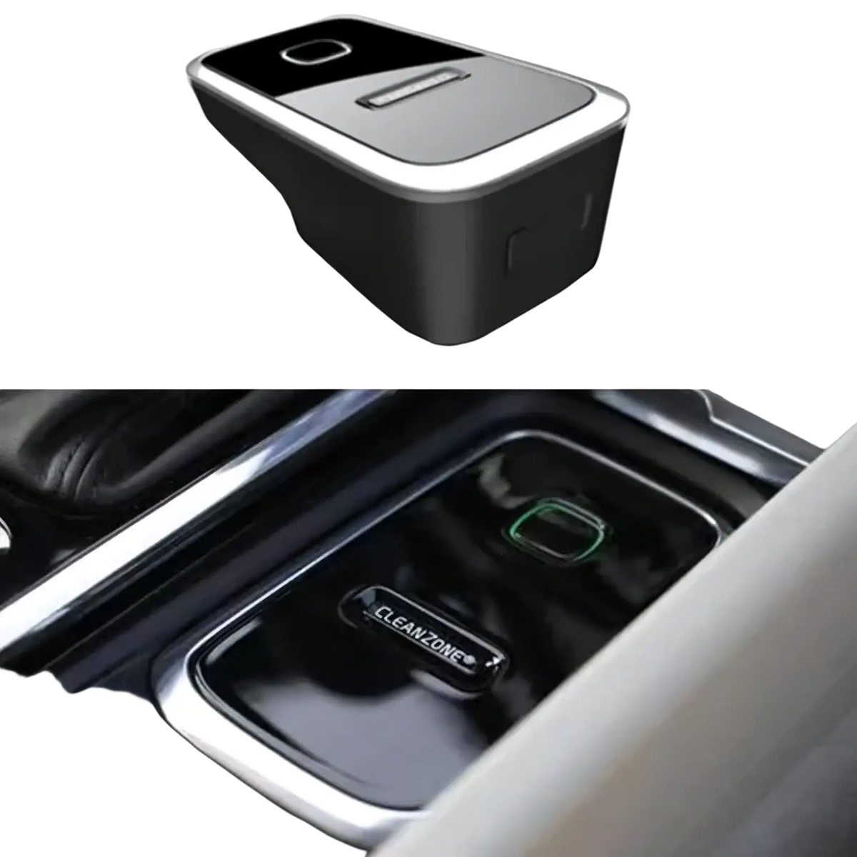 Volvo Cleanzone wireless car charger and air purifier with black and silver rectangular glossy center console air freshener