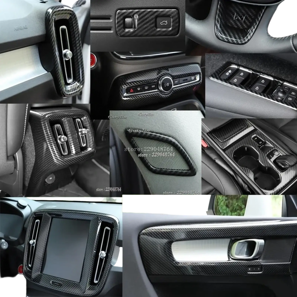 Volvo XC40 carbon fiber interior trim kit 2019-2021 featuring sleek black textured panels with metallic accents