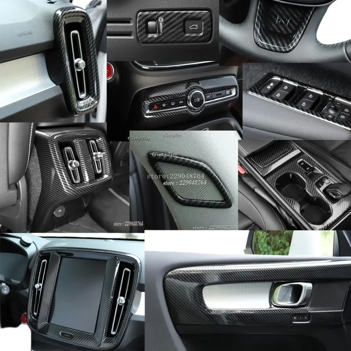 Volvo XC40 carbon fiber interior trim kit 2019-2021 featuring sleek black textured panels with metallic accents