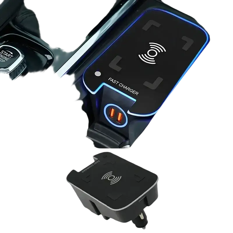 Black wireless car charger with blue led lighting and dual usb ports for volvo xc90 xc60 models