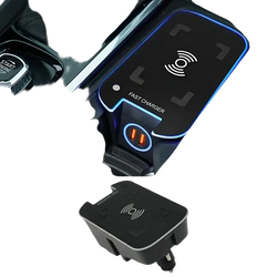 Black wireless car charger with blue led lighting and dual usb ports for volvo xc90 xc60 v60 s90 models