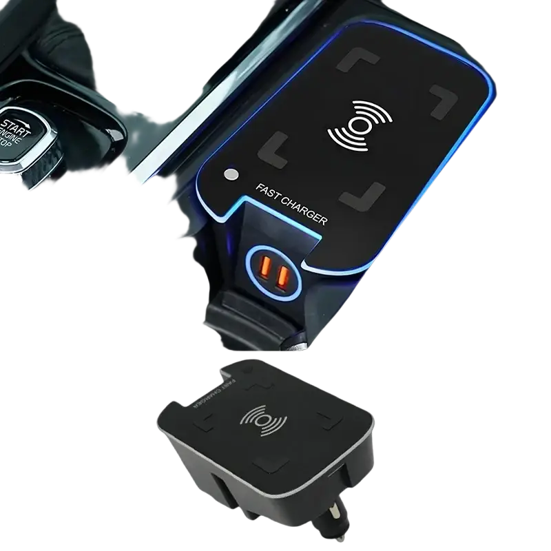 Black wireless car charger with blue led lighting and dual usb ports for volvo xc90 xc60 v60 s90 models
