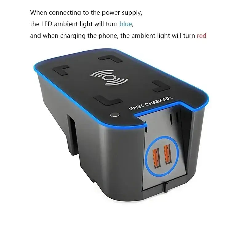 Black and blue wireless fast charger with dual USB ports for Volvo XC90 XC60 car models