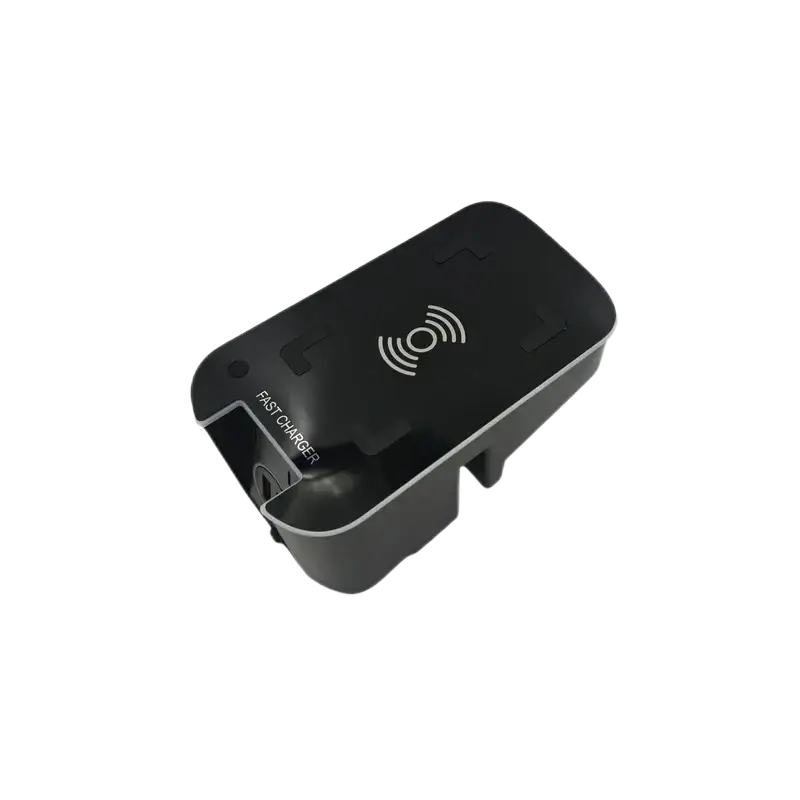 Black wireless fast charger with sleek glossy finish and white iconography for volvo xc90 xc60 v60 models