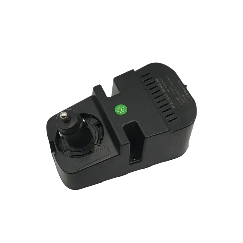 Black plastic wireless car charger with green usb label and ventilation slots for volvo xc90 xc60 models