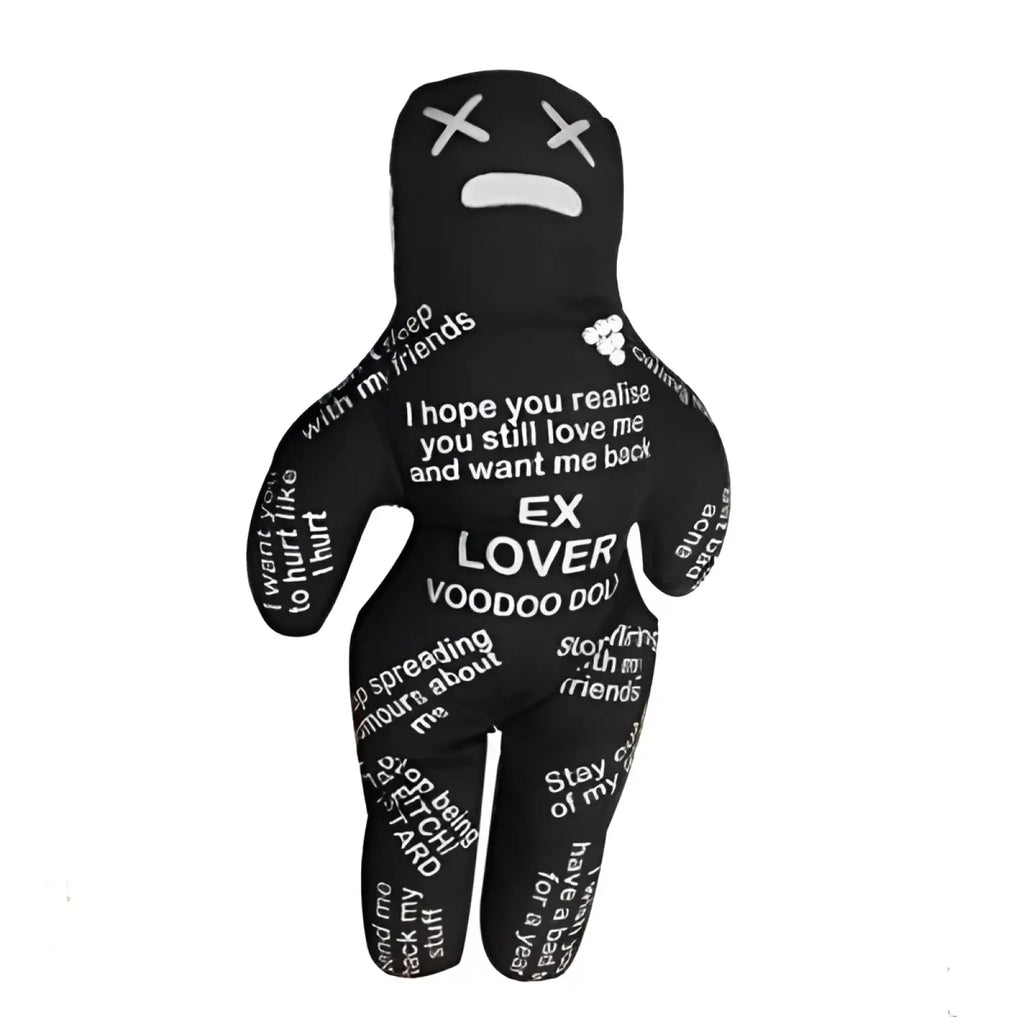 Black plush voodoo doll toy with white text and x-shaped eyes 20cm witchcraft figurine