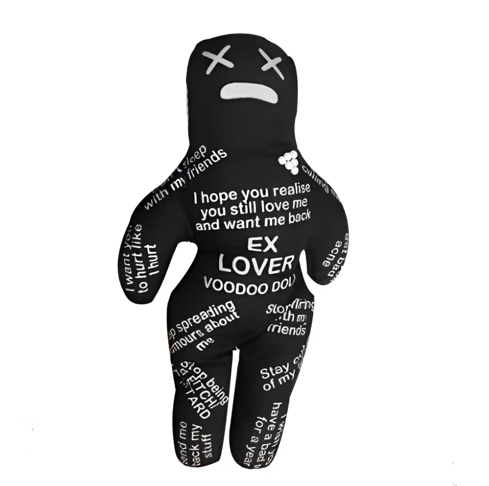 Black plush voodoo doll toy with white text and x-shaped eyes 20cm witchcraft figurine