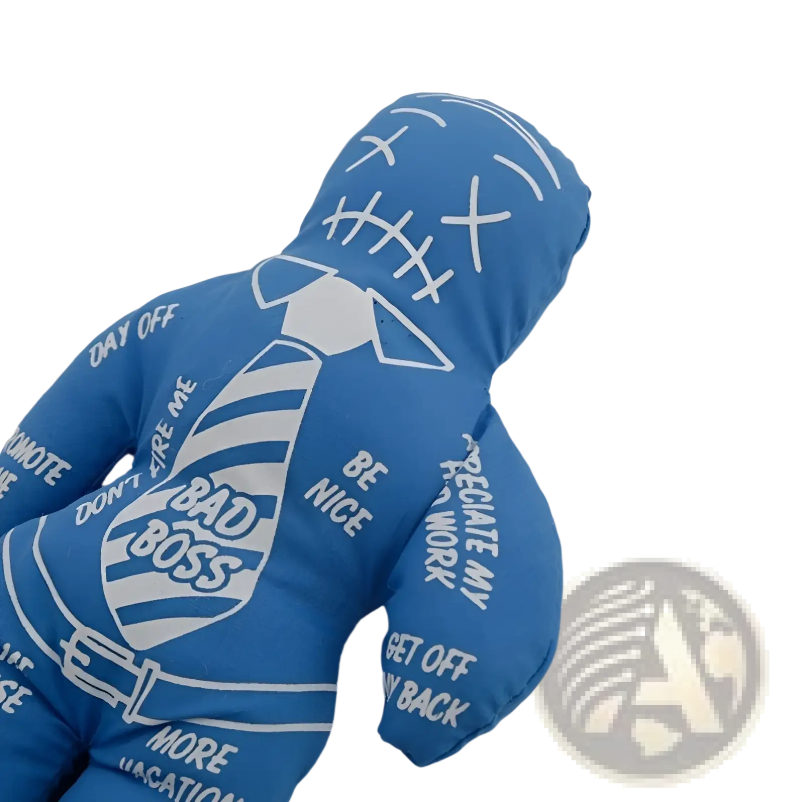 Blue plush voodoo doll figurine shaped like a man in a tie with white embroidered text and graphics 20cm tall