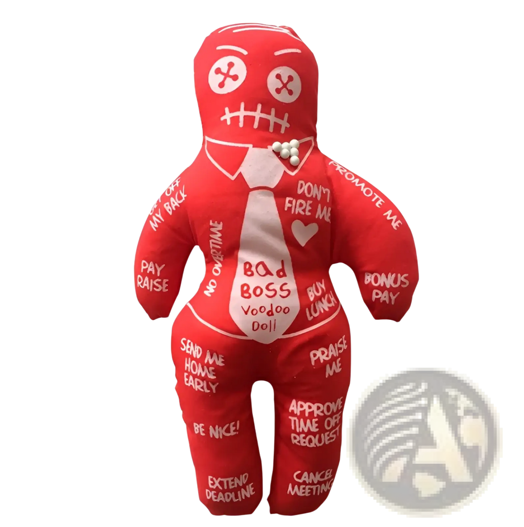 Red fabric voodoo doll plush toy with white embroidered text and pearl necklace for witchcraft figurine 20cm