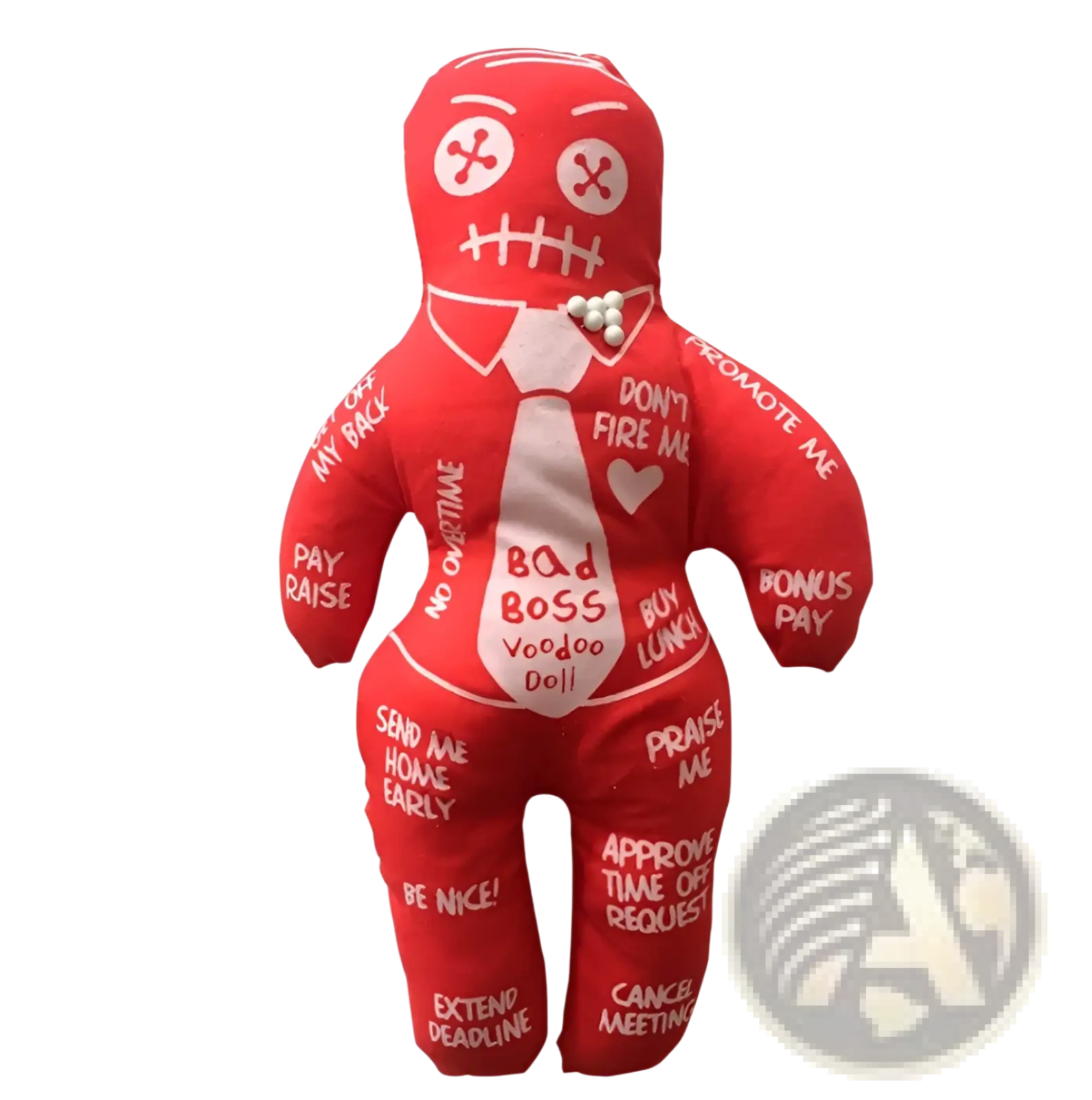 Red fabric voodoo doll plush toy with white embroidered text and pearl necklace for witchcraft figurine 20cm