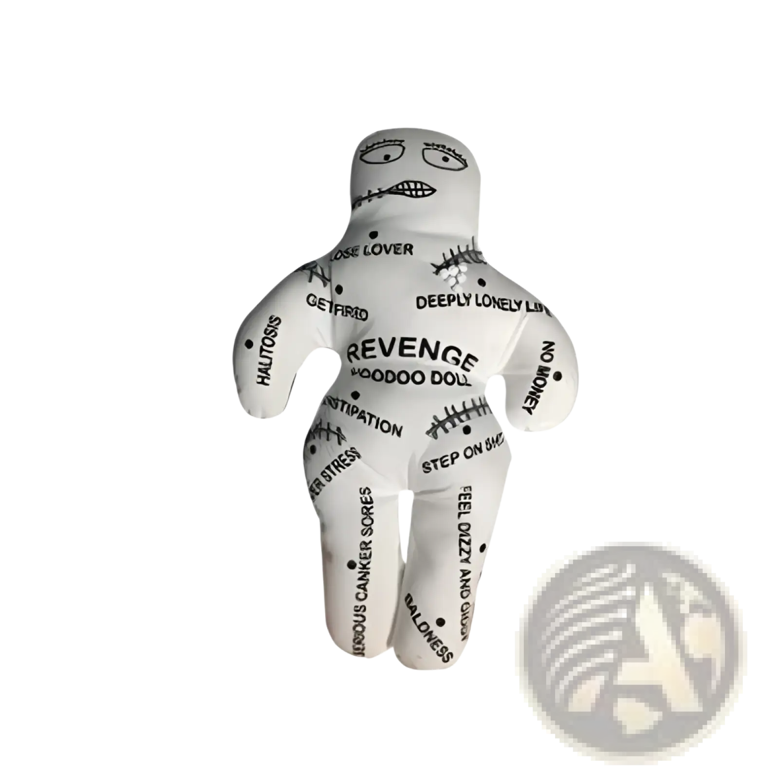 White fabric voodoo doll plush toy with black printed text and stitched details for witchcraft figurine 20cm