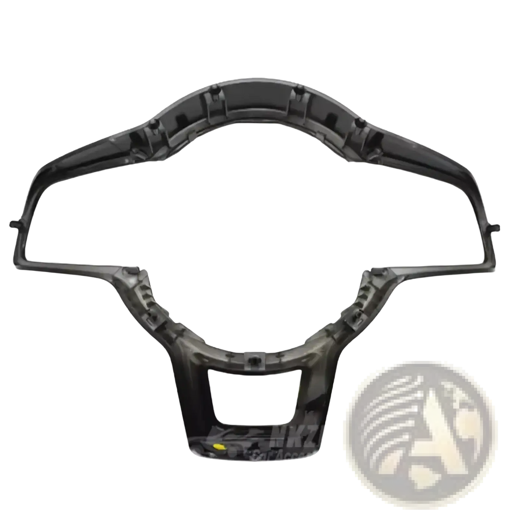 Back side of black plastic vw golf 7 mk7 gti steering wheel trim with molded mounting points and central cutout