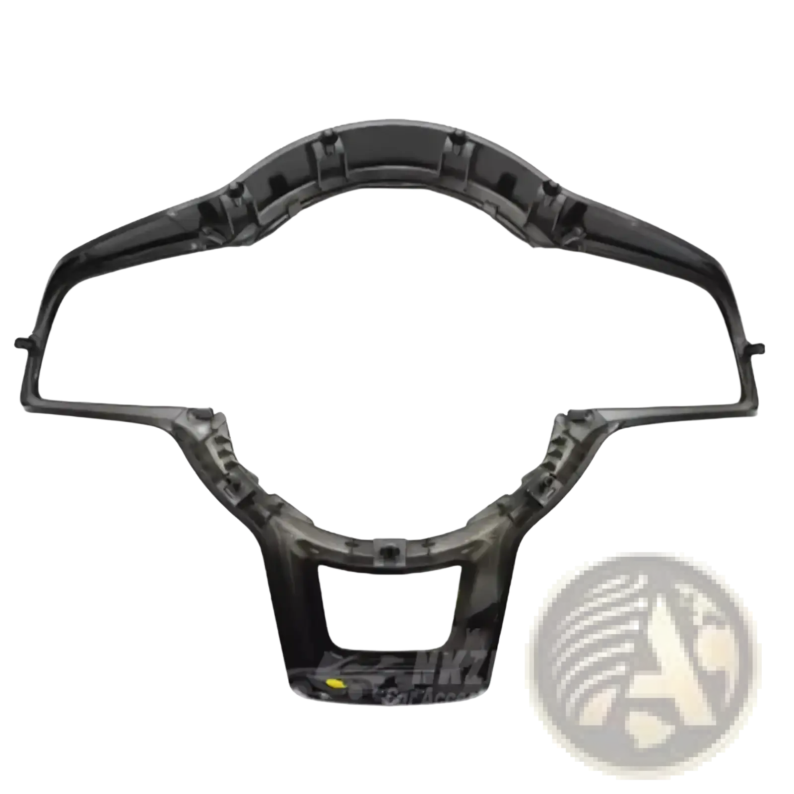 Back side of black plastic vw golf 7 mk7 gti steering wheel trim with molded mounting points and central cutout