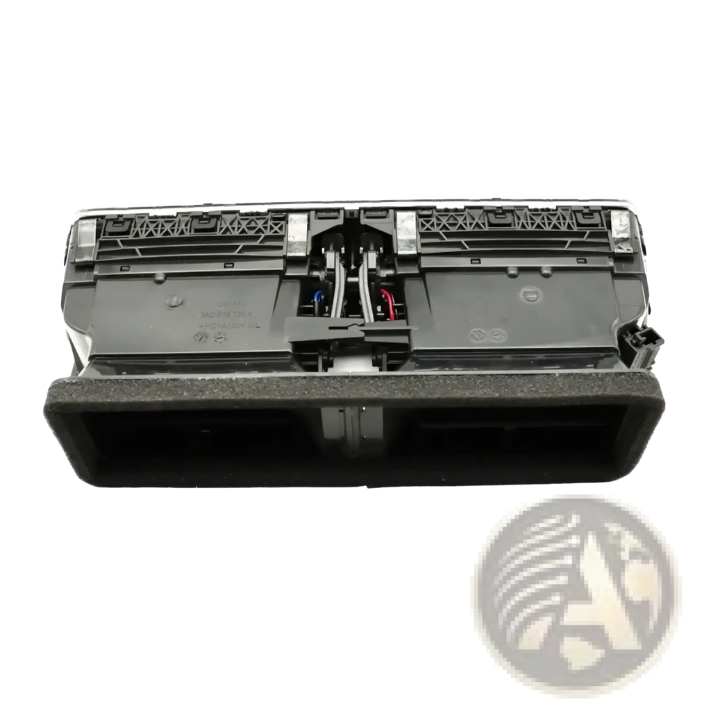Black plastic vw Passat B6 B7 front air vent replacement set shown from the back with internal wiring and mounting brackets