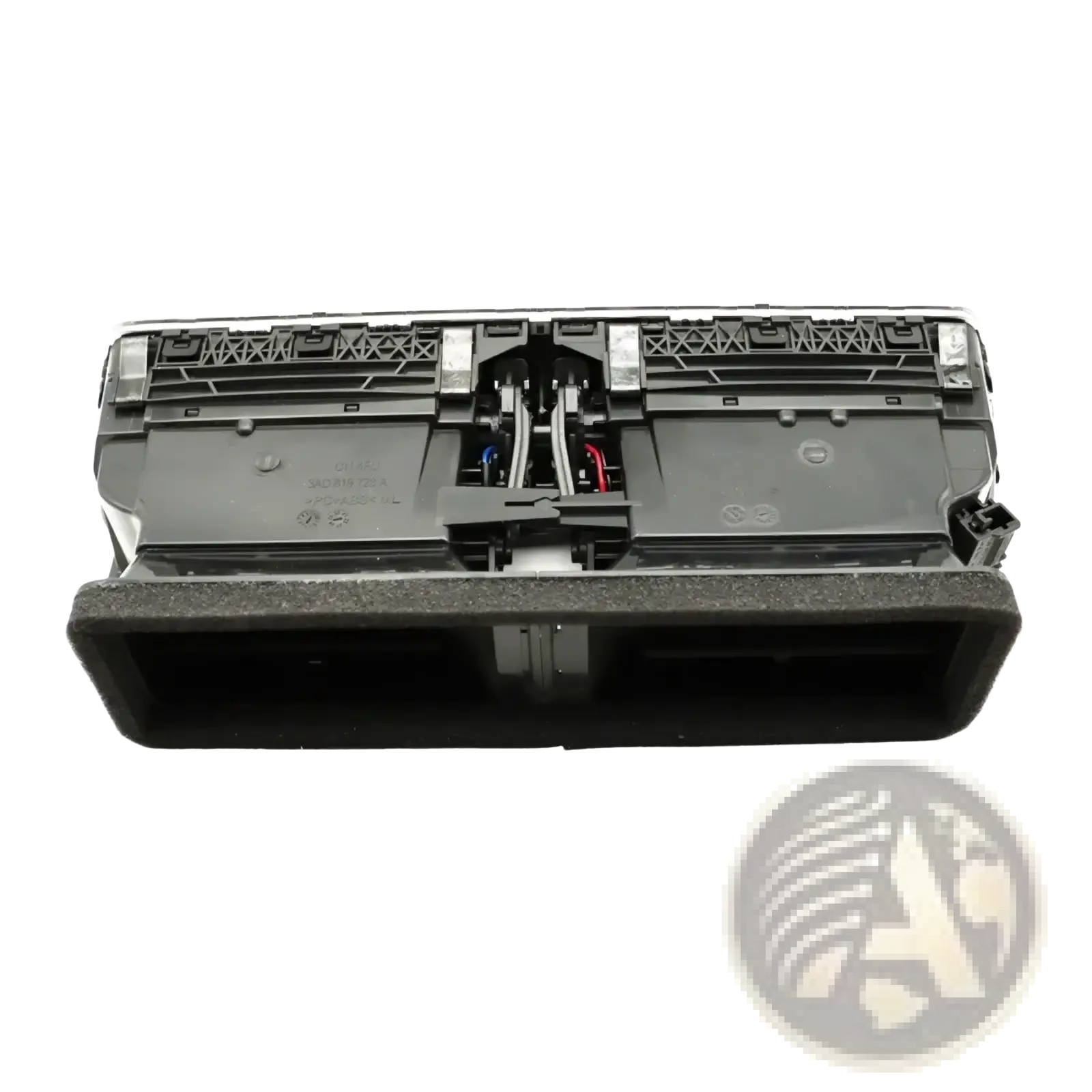 Black plastic vw Passat B6 B7 front air vent replacement set shown from the back with internal wiring and mounting brackets