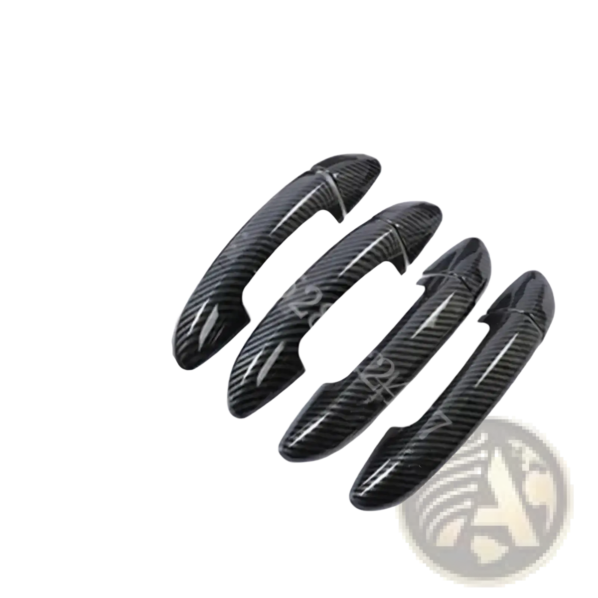 Set of four black carbon fiber textured vw passat door handle cover trims shown from the front side