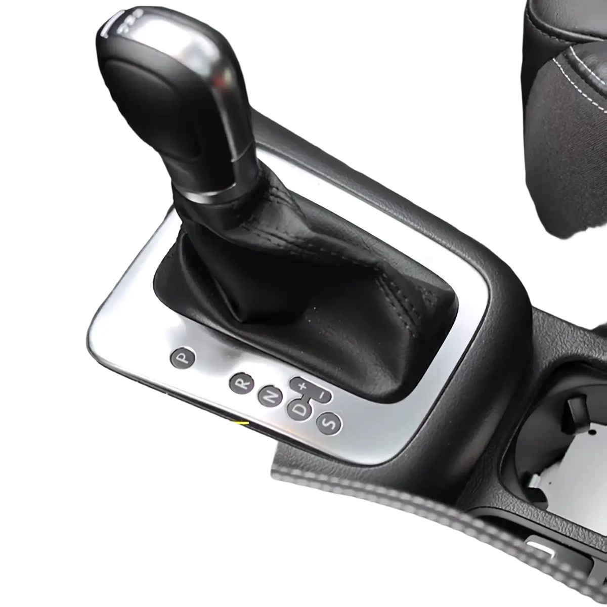 Black leather gear shift boot with silver trim for volkswagen tiguan 2010-2017 shown from the back side