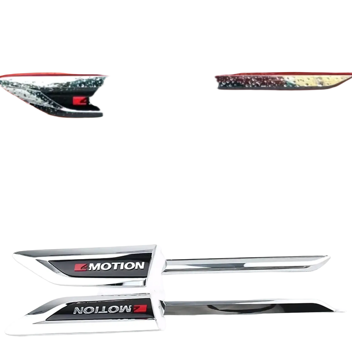 Chrome-finished motion side badge decals with black and red lettering for vw tiguan cup holder panel trim 2009-2017