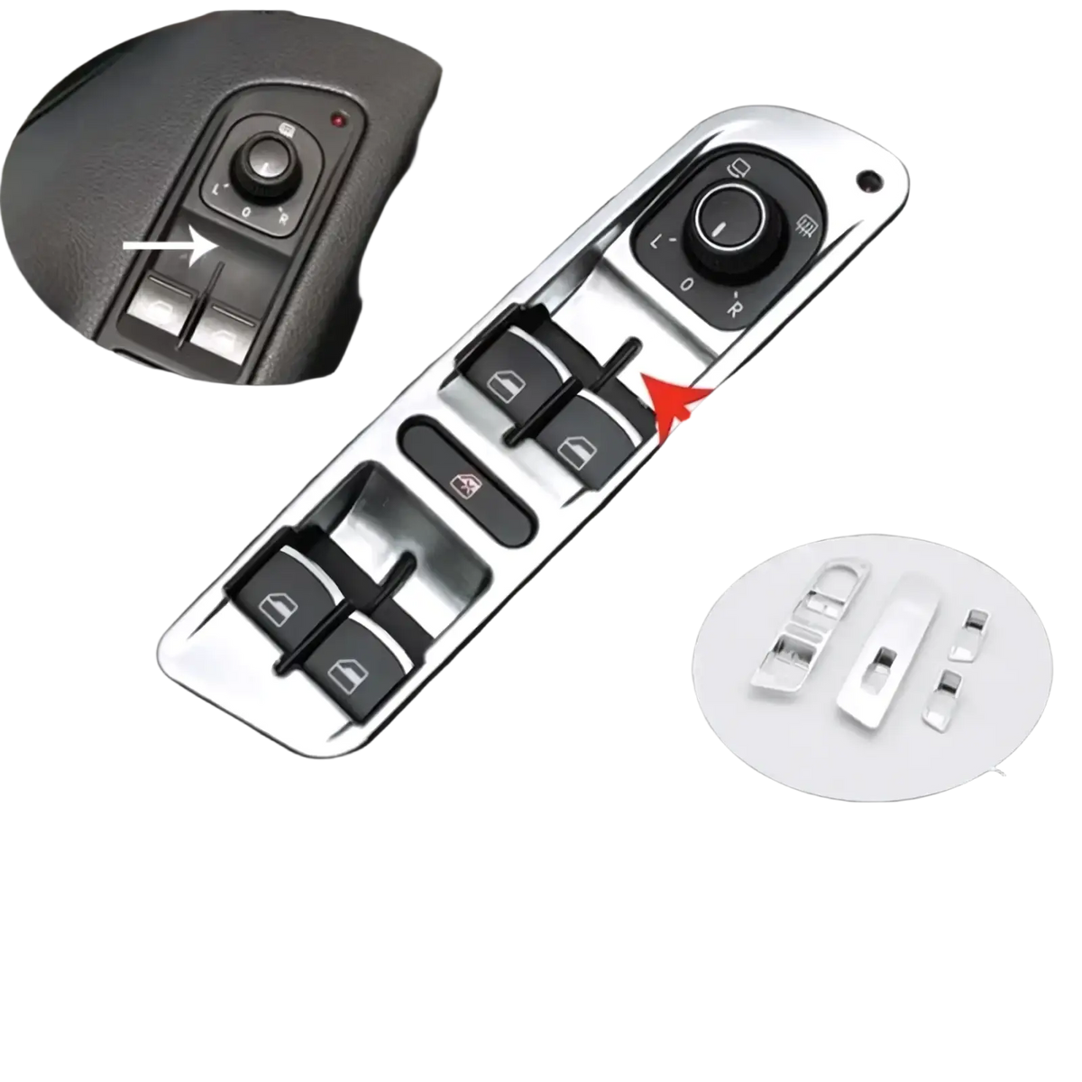 Chrome-finished vw tiguan cup holder panel trim with black button covers and central rotary dial for 2009-2017 vehicles