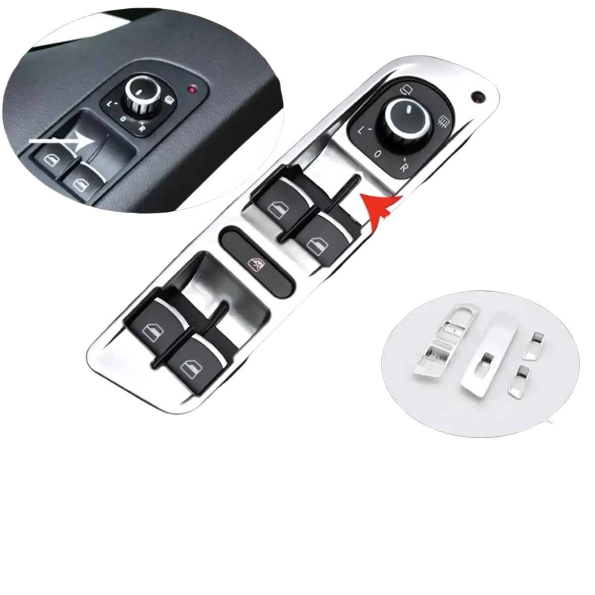Chrome-finished window switch panel trim with sleek metallic frame and black button covers for vw tiguan 2009-2017