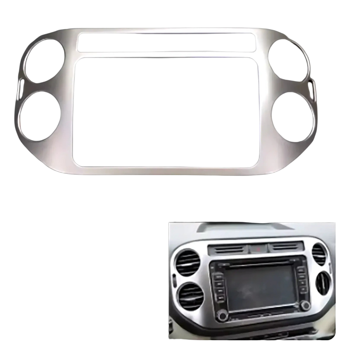 Silver metallic dashboard trim frame with circular air vent cutouts and central rectangular opening for VW Tiguan 2009-2017 cup holder panel