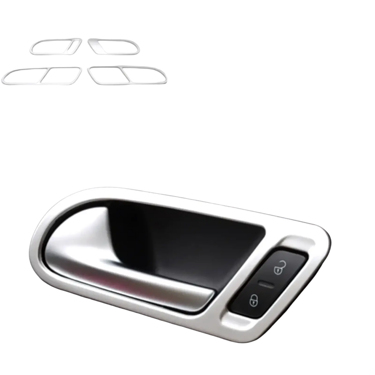Silver metallic inner door bowl trim for vw tiguan 2010-2017 shown from the back side with cup holder panel trim features