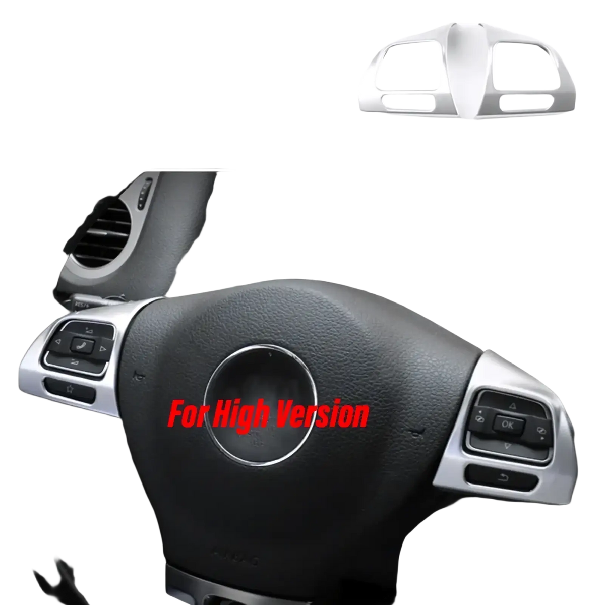 Silver metallic steering wheel trim cover for Volkswagen Tiguan 2010-2017 in a VW Tiguan cup holder panel trim 2009-2017
