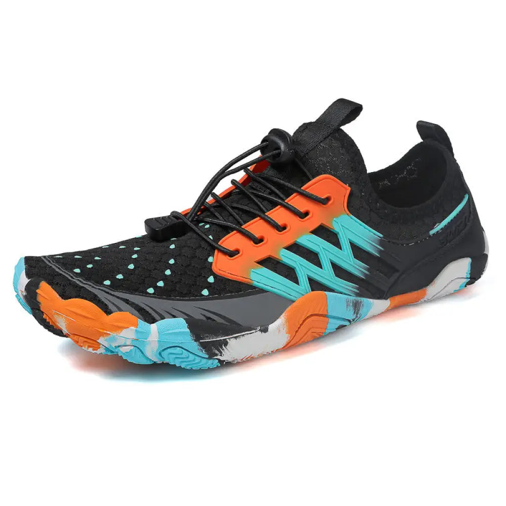 Breathable quick dry mesh water sports shoe in black orange and teal with mesh upper and rubber sole