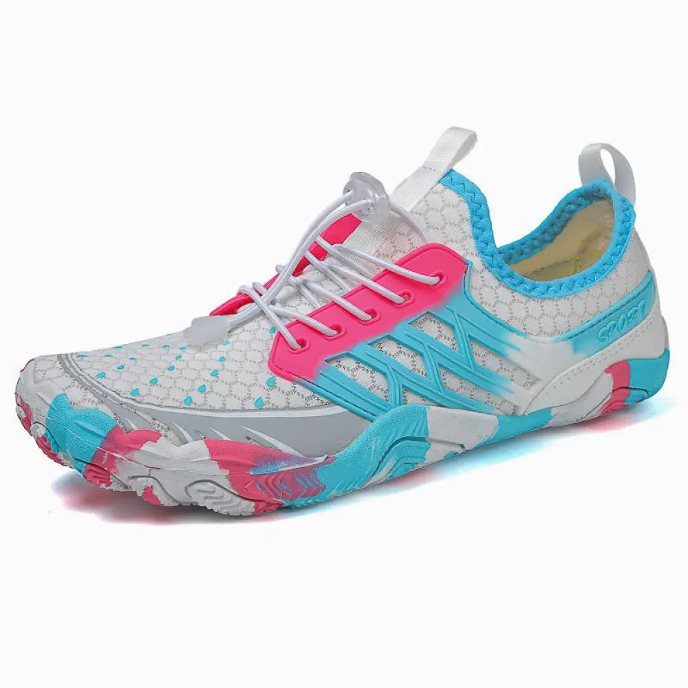 A vibrant pink and turquoise breathable quick dry mesh five-finger running shoe with a white lacing system