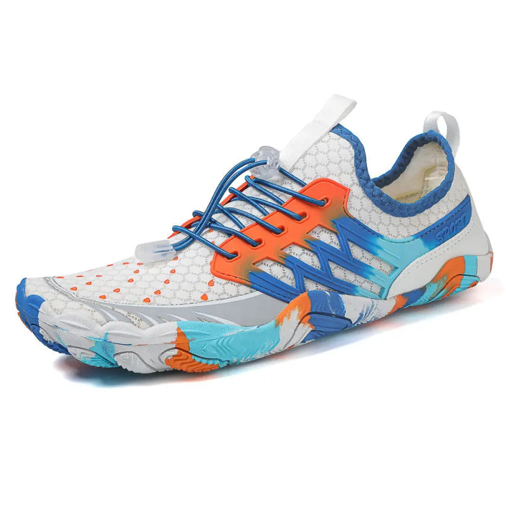Breathable quick dry mesh water sports shoe in vibrant blue and orange patterned mesh with white accents
