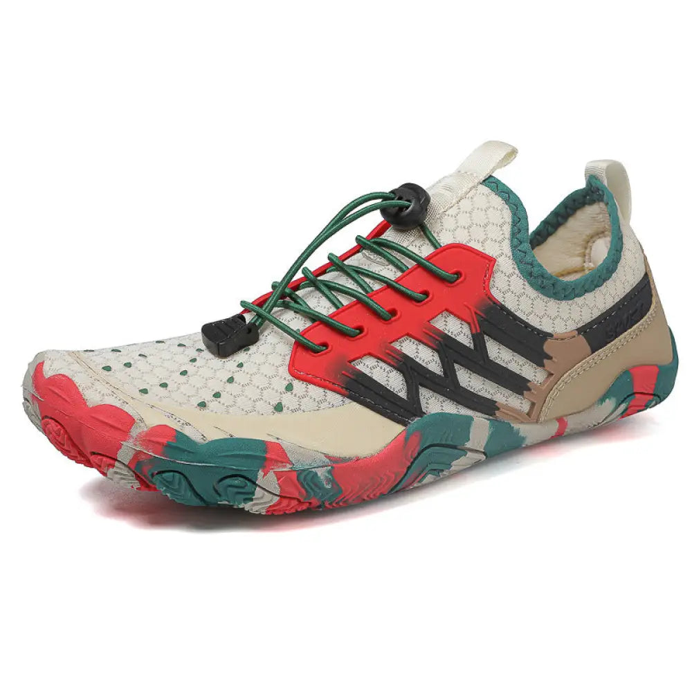 Breathable quick dry mesh water sports shoe with vibrant red green beige camouflage pattern and black laces