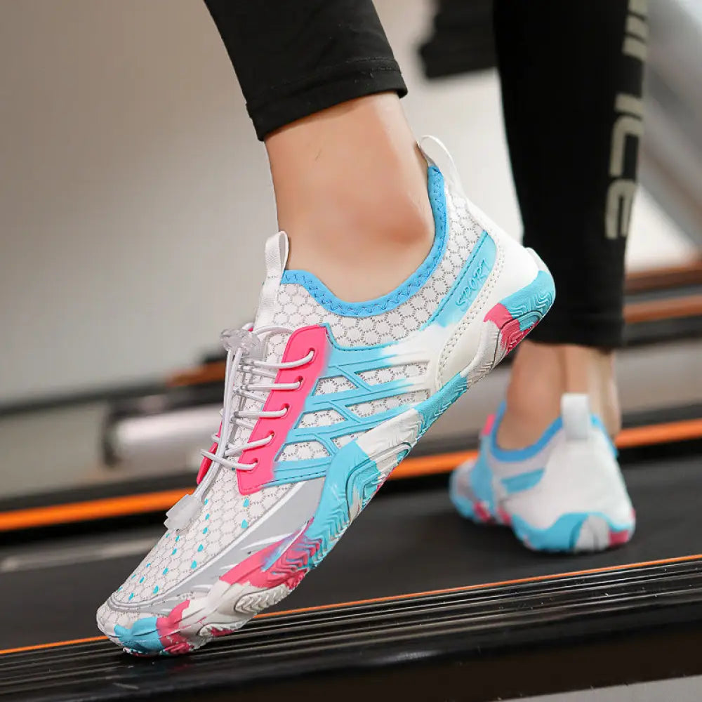 Breathable quick dry mesh water sports shoes in white light blue and pink with toe-separated design and rubber sole
