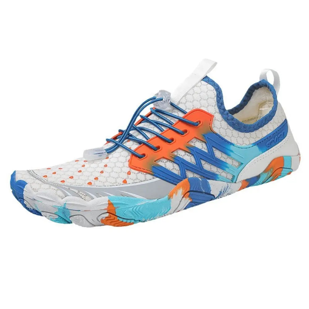 Vibrant blue and orange breathable quick dry mesh water sports shoe with white mesh upper for aquatic activities