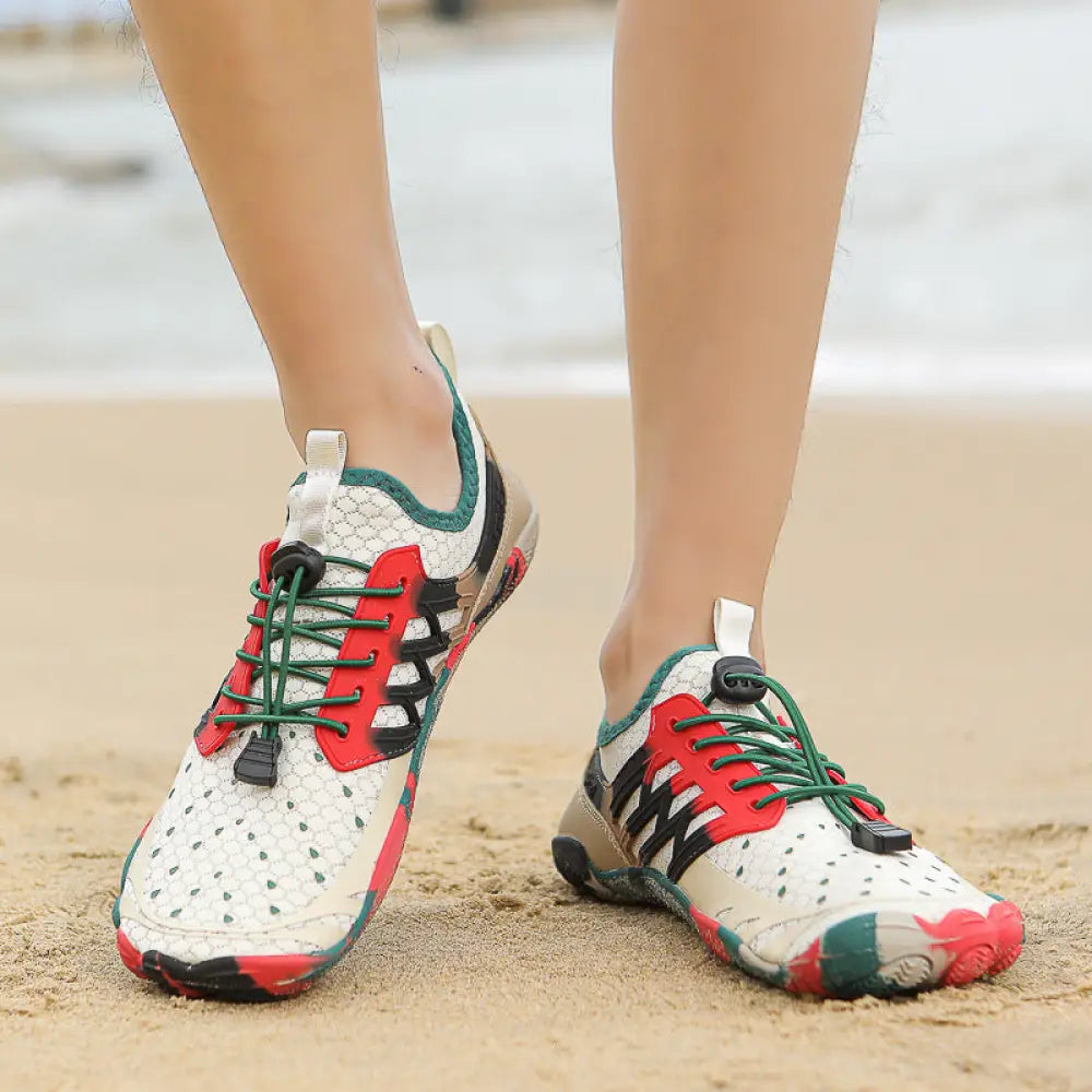 Breathable quick dry mesh water sports shoes in white red and green with rubberized toe caps and mesh upper