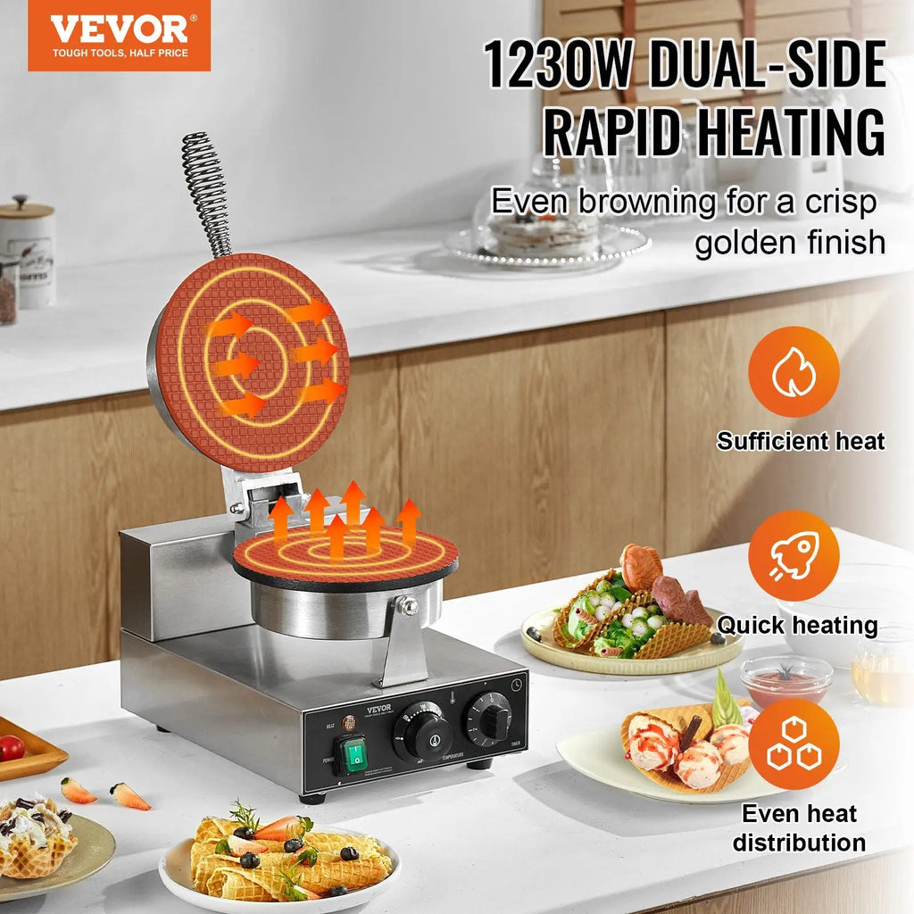 Stainless steel vevor 1230w electric waffle cone maker with dual-side rapid heating orange heat indicators and spring handle